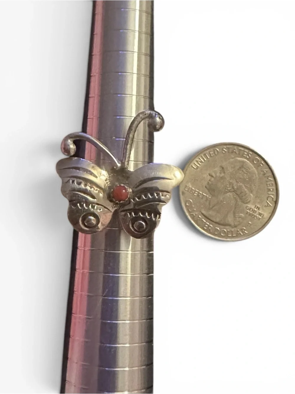 Silver Navajo Butterfly Ring with Orange Spiny Size 8.5 Tulley